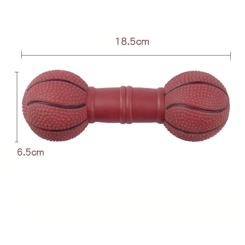 PVC football dumbbell shaped dog toy with squeaker in brown, orange, white and yellow colours