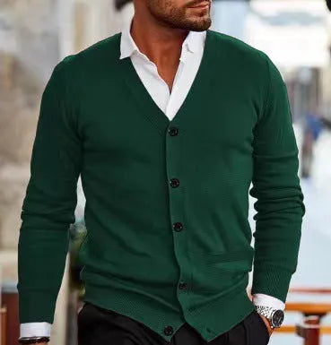 Men's slim fit acrylic cardigan sweater in a choice of seven colours including beige, black, grey, wine red, and green.