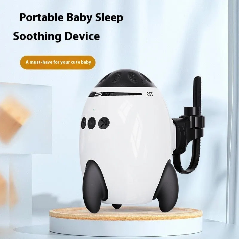 White portable baby sleep comforter shaking device with Bluetooth for white noise.
