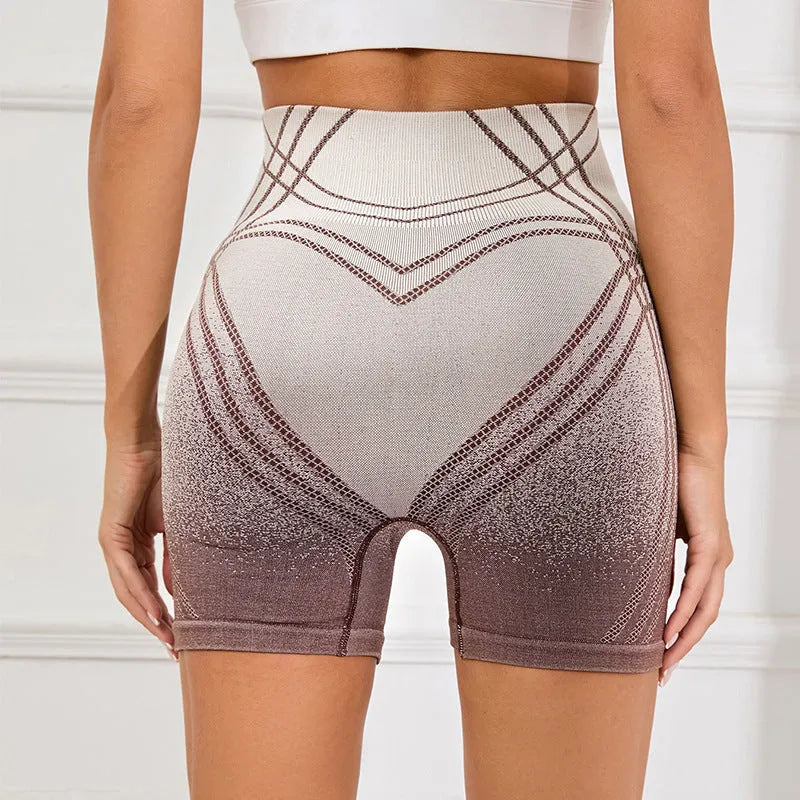 Women's high waisted gradient fitness shorts in black and brown for yoga and running