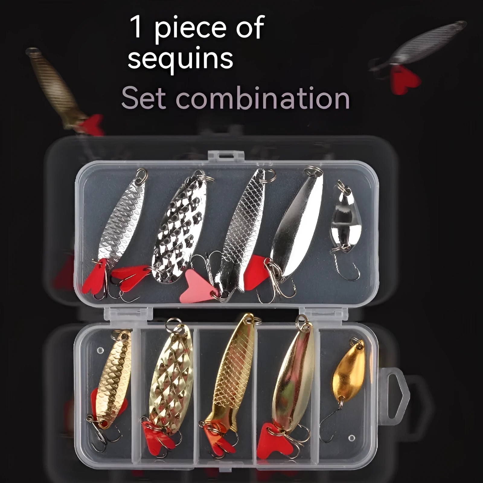 Sequin fishing lure set with metal sequins on box iron false bait in assorted colours