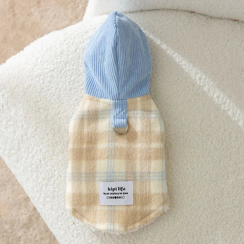 Blue corduroy dog hooded vest with chessboard grid pattern and traction-lined hood for autumn winter wear