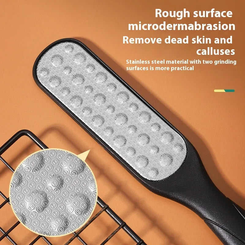 Stainless steel foot grinder with double-sided black and white sandpaper surfaces for callus removal