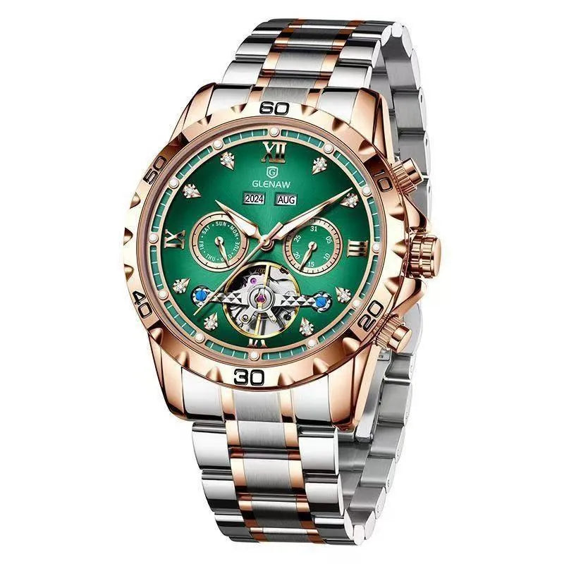 Men's automatic mechanical watch with stainless steel strap and mineral glass face