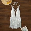 White women's one-piece swimsuit with deep V-neck and decorative tassels.