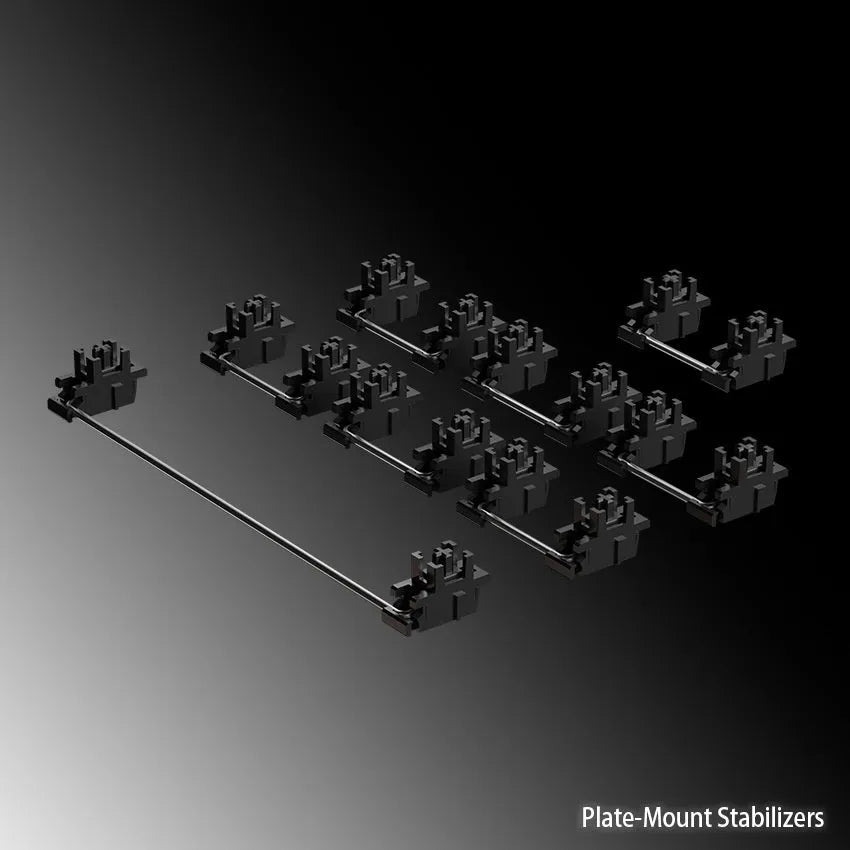 Black and milky white mechanical keyboard stabiliser sets showing 6.25U and 7U satellite axis options