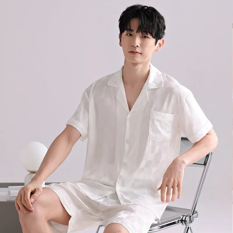 Men's ice silk pyjama set in artificial silk with shorts length and cardigan style in satin jacquard pattern
