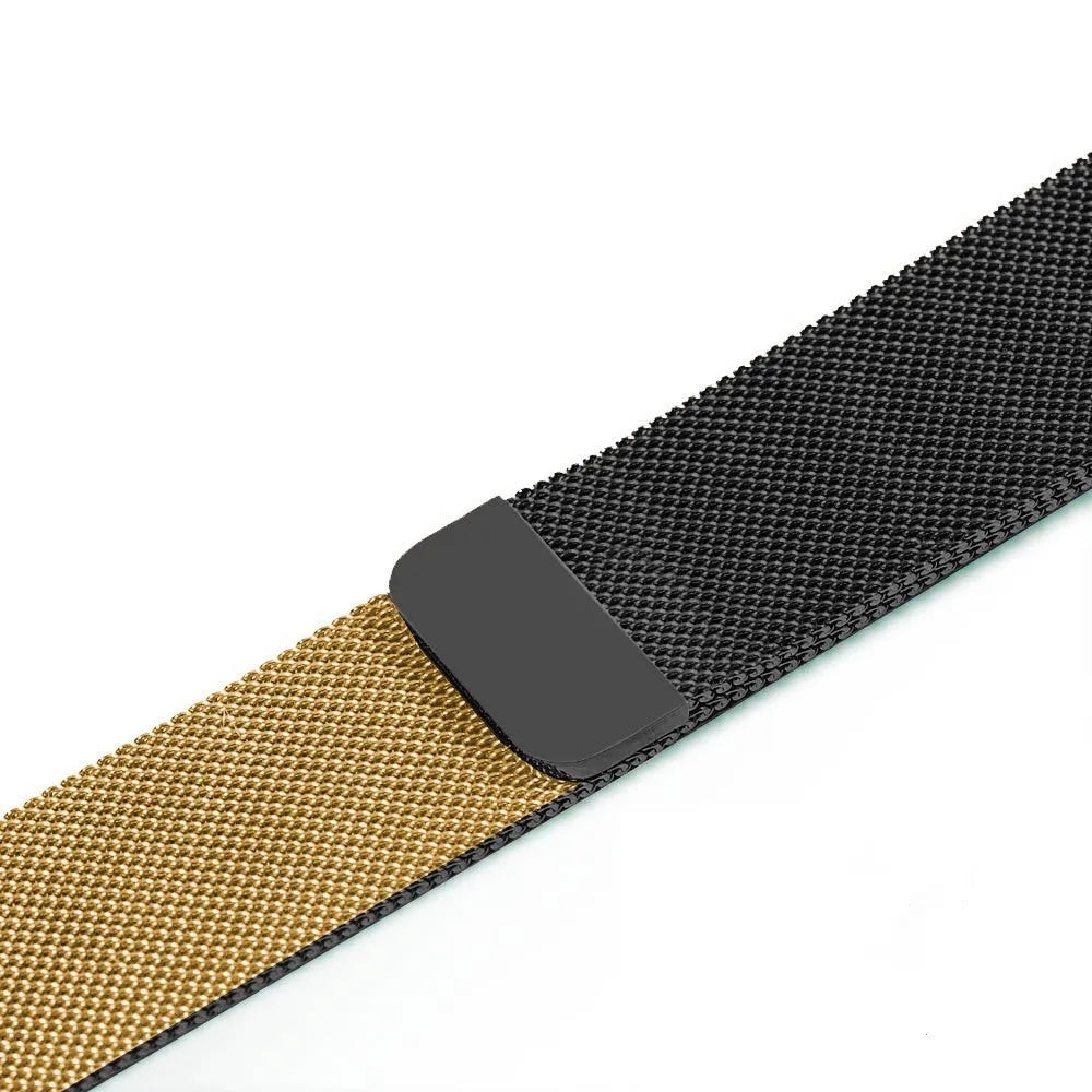 Stainless steel Apple Watch strap with buckle on a 42mm watch case in silver finish