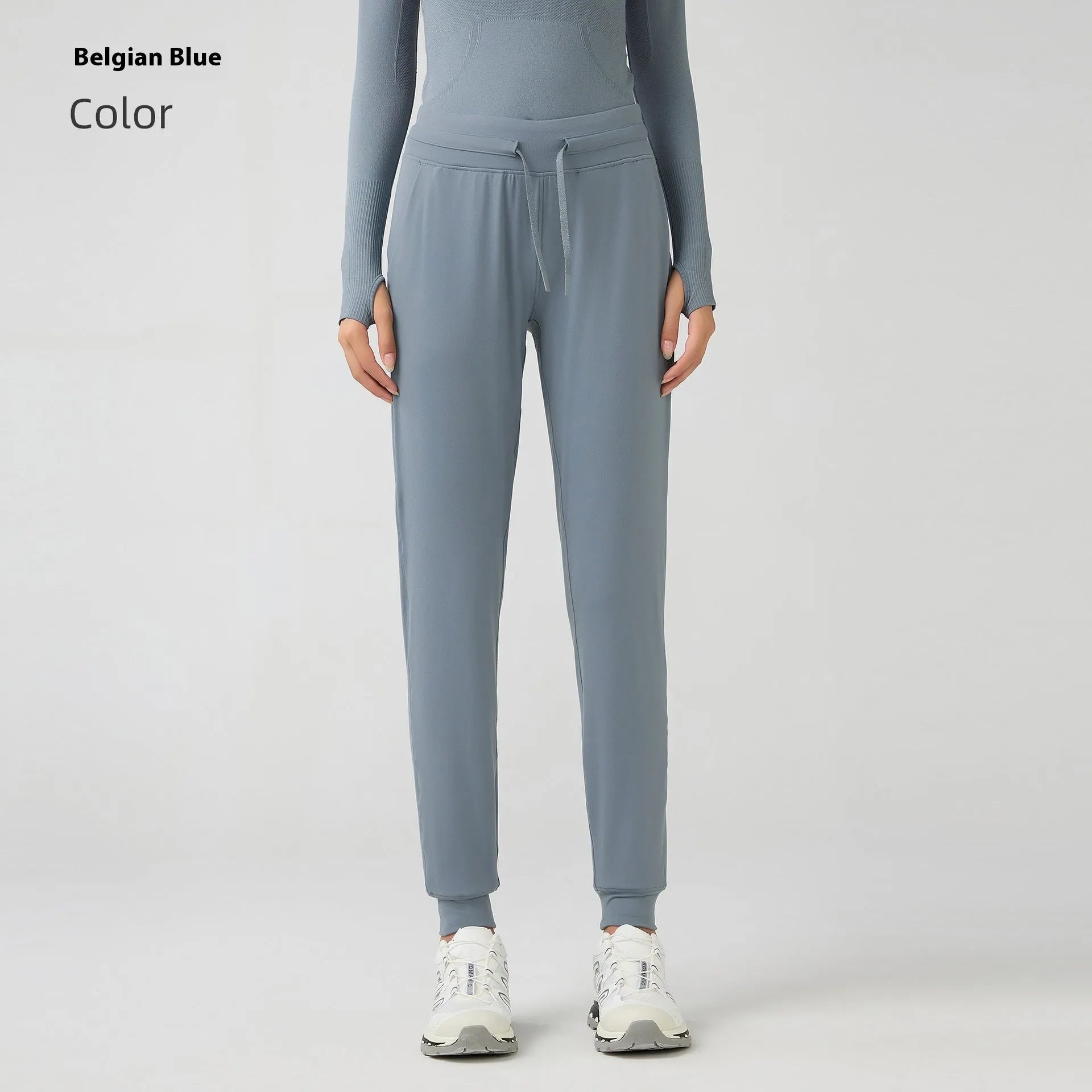 Women's high waist yoga pants in cotton blend fabric with drawstring waist in Belgian Blue colour