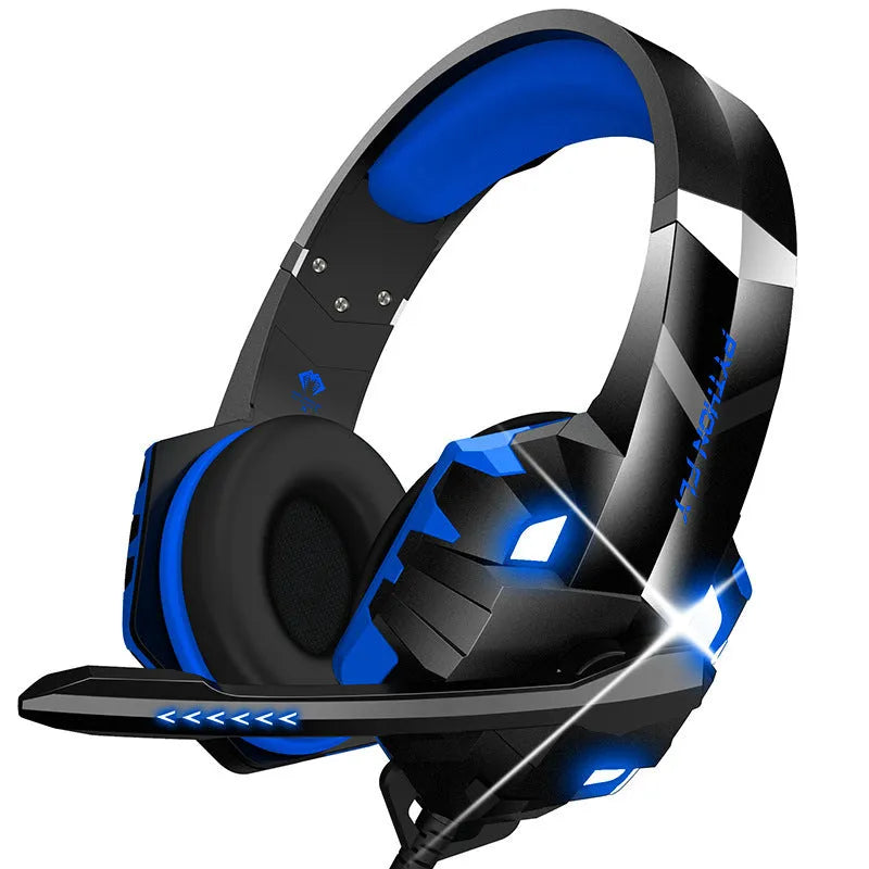 Wired gaming headset with LED lights and microphone in blue colour with 3.5mm plug
