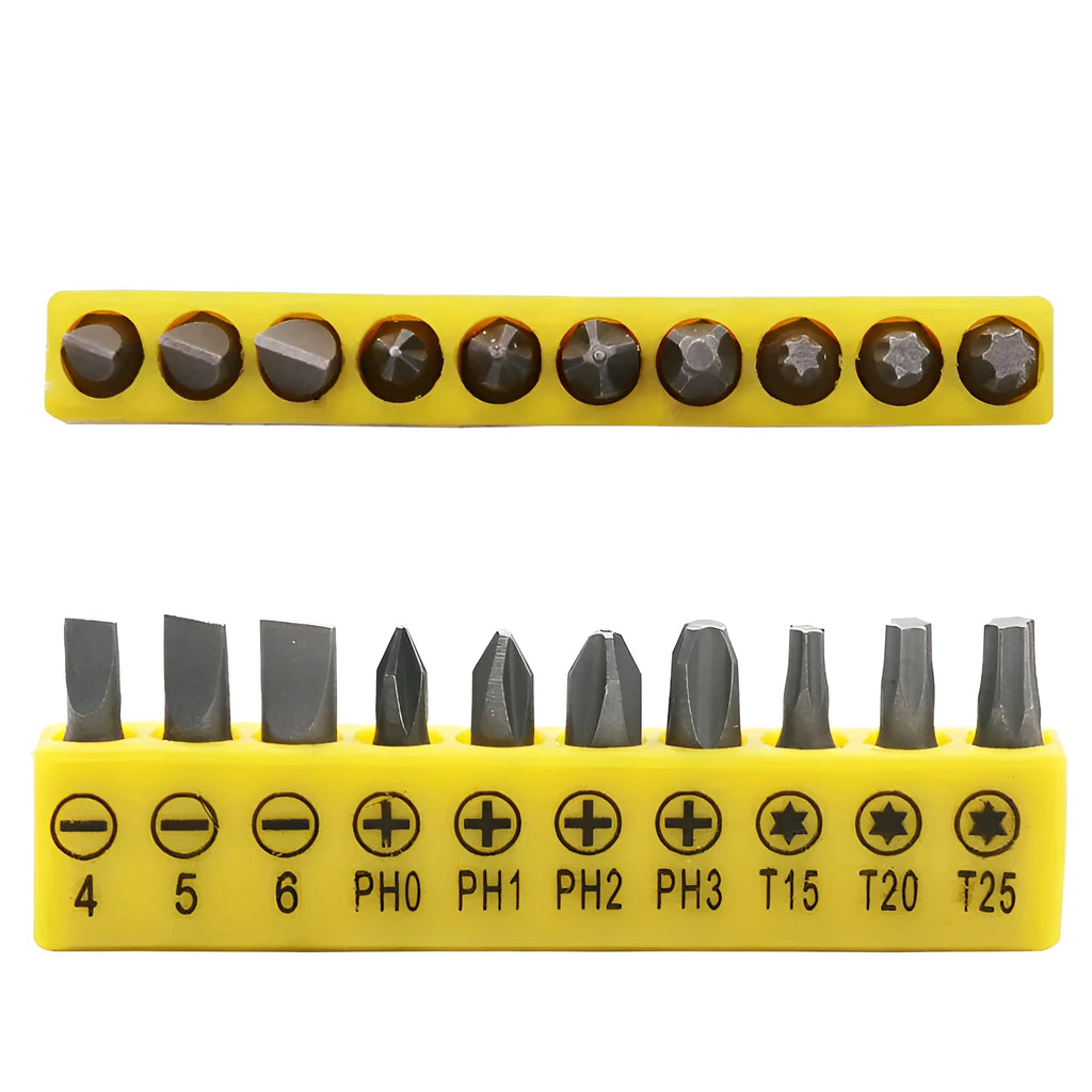 L-type double-headed socket wrench set with 10 steel screwdriver bits on grey background