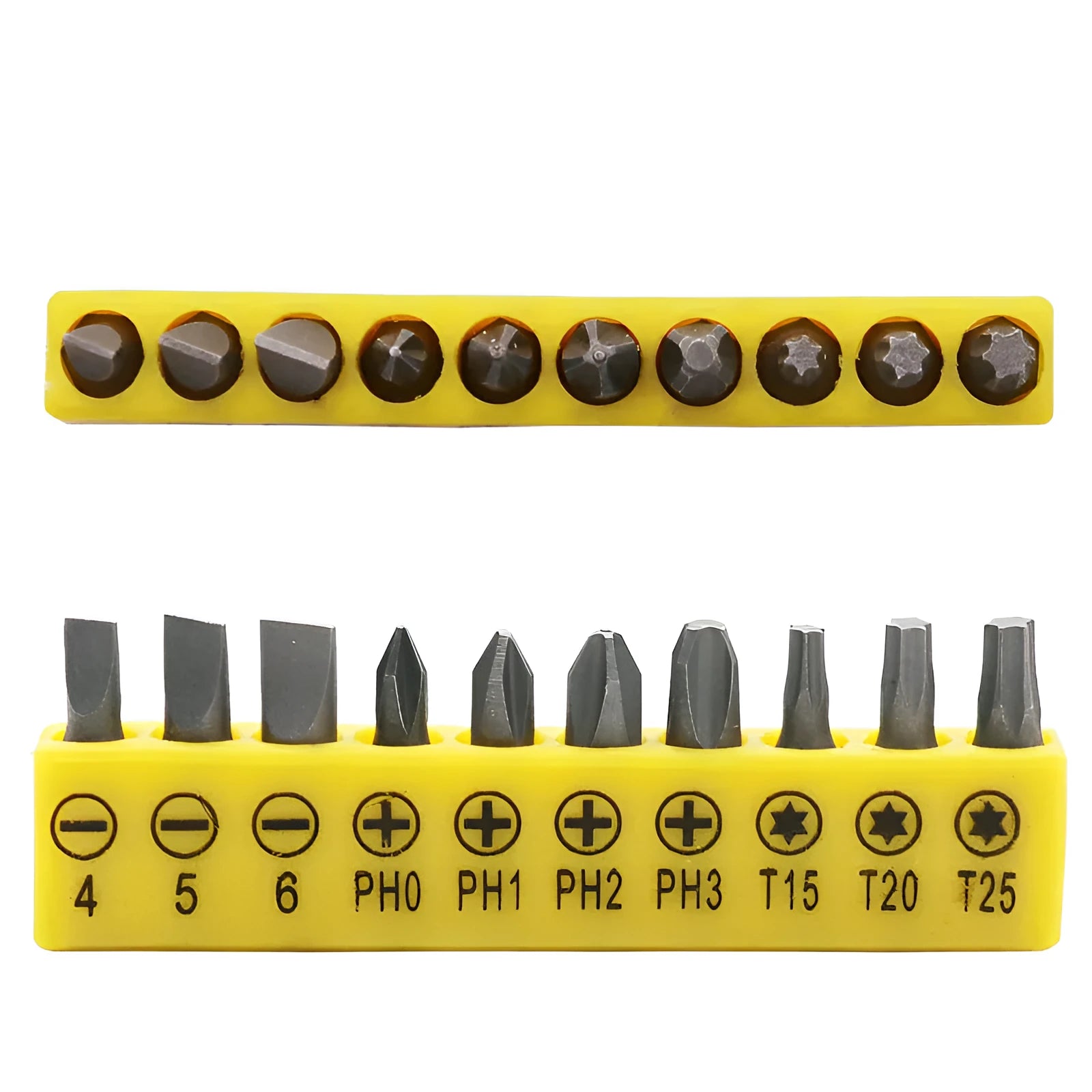 L-type double-headed socket wrench set with 10 steel screwdriver bits on grey background