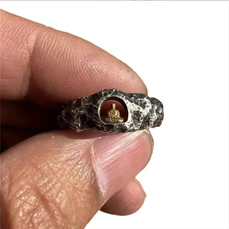 Copper grotto Buddha ring with rock texture, hand-forged spiritual jewellery in size 8