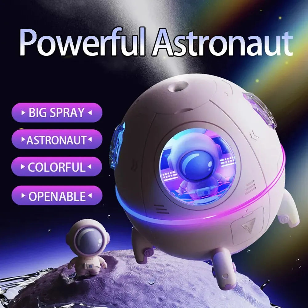 Astronaut-themed portable desktop humidifier with USB cable and colourful LED lighting