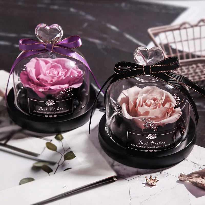 Eternal real rose in glass case with LED, 13cm, classic red colour option for home decor