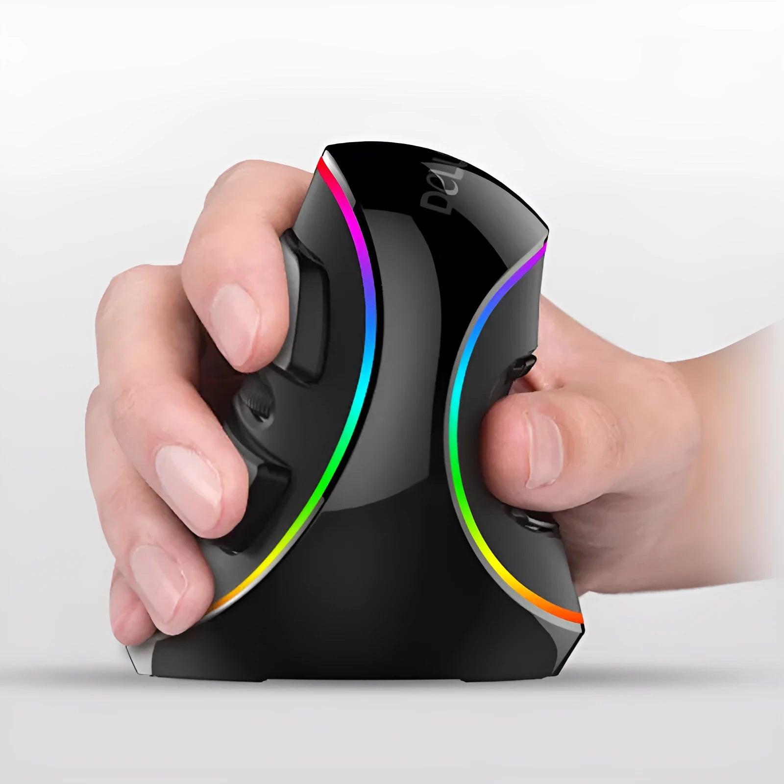 Vertical snail-shaped ergonomic computer mouse with RGB lighting and USB cable.