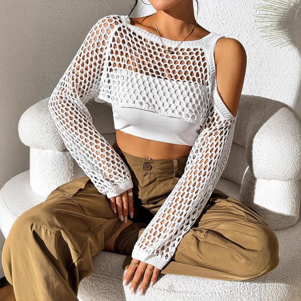 Mesh shirt with a navel cutout design in a free size, shown in one of six available colours.