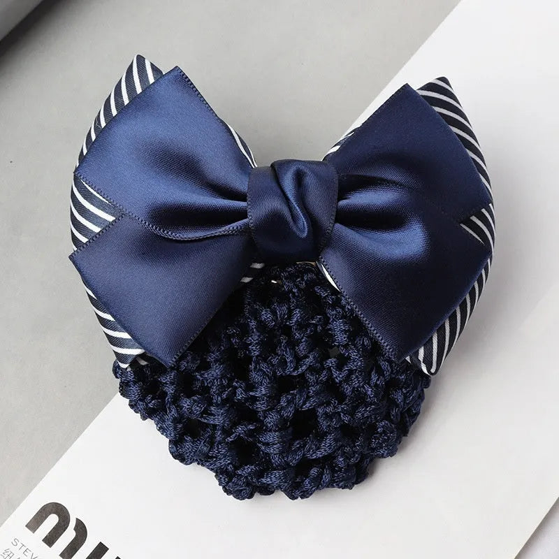 Professional waitress hair net with double bow clip in various colours including black, red, and blue mesh
