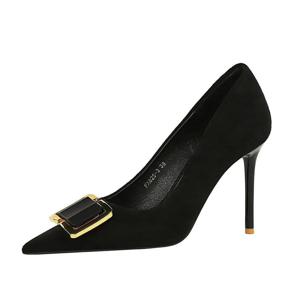 Black women's suede stiletto high heels with a 9cm heel and pointed toe.