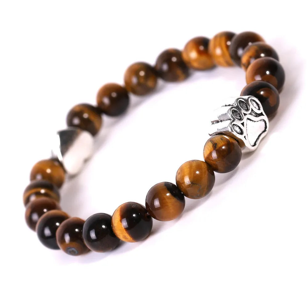 Stone beaded dog's paw bracelet geometric shape with round beads tiger eye Indian agate options