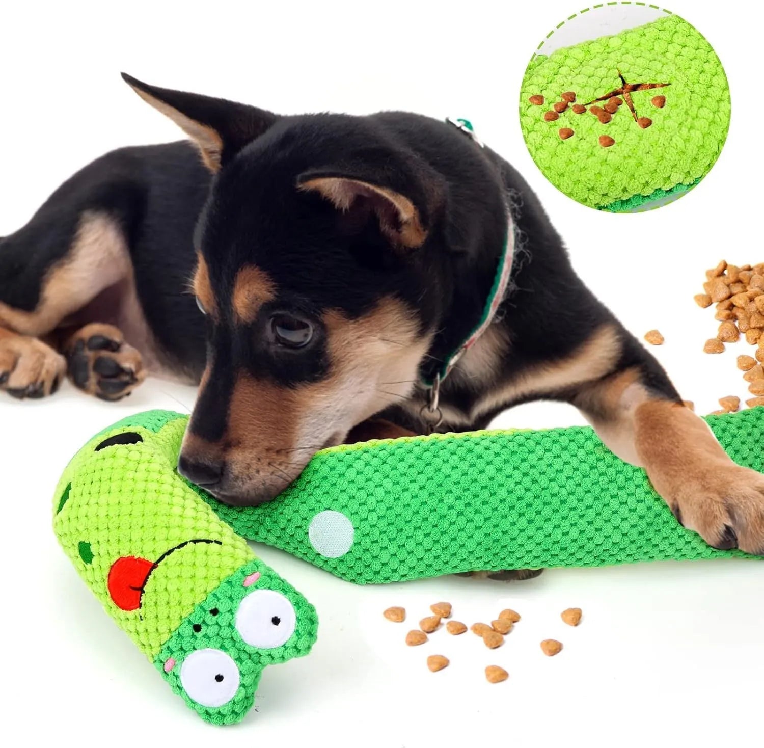 Reversible velvet dog toy shaped like a snail or stick with hidden food holes for foraging training.