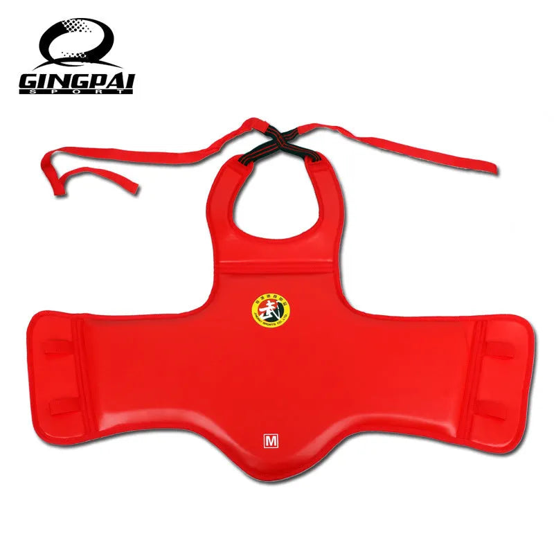 Red boxing helmet and chest protector set with one-piece design for training