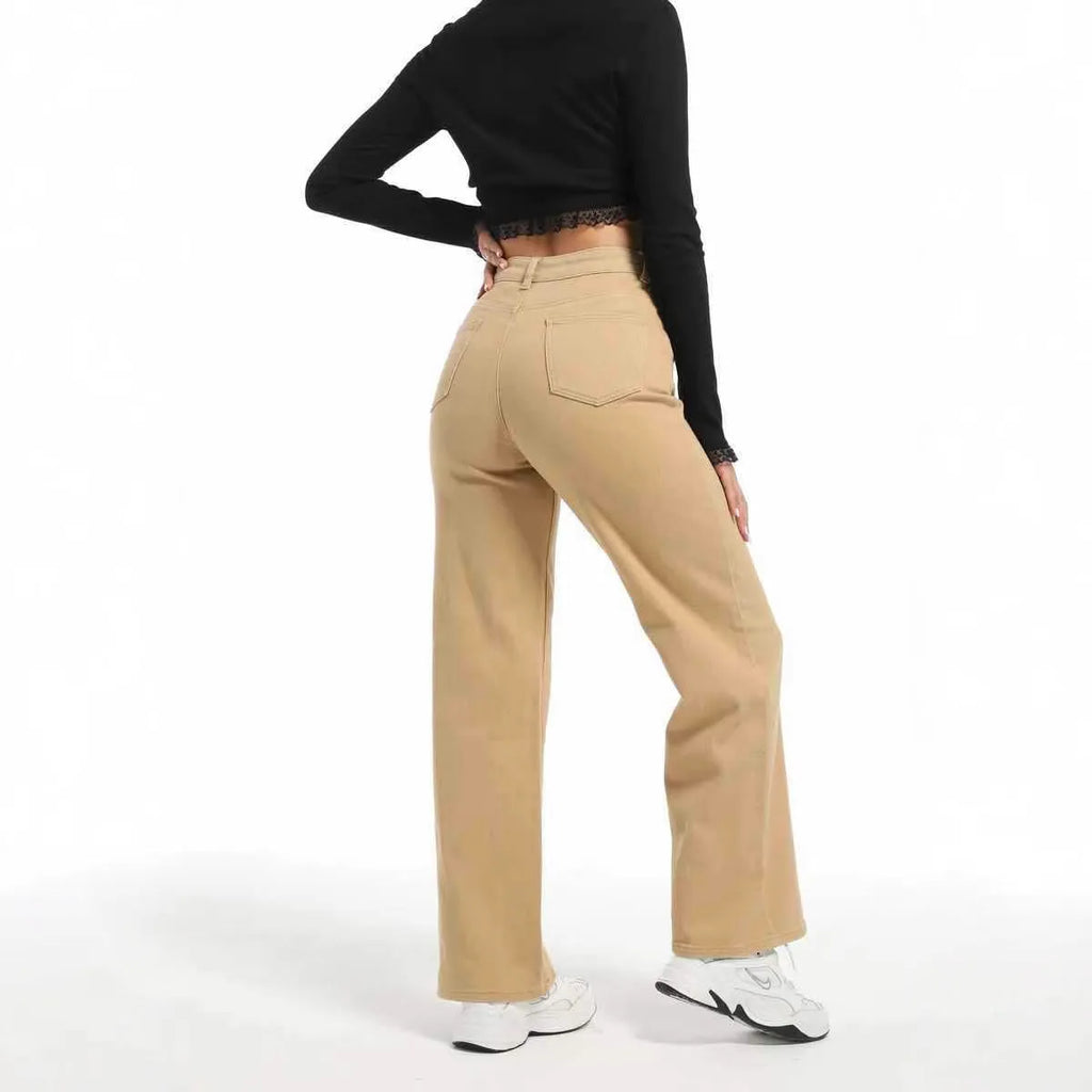 Women's high waist straight leg wide jeans in apricot and khaki colours