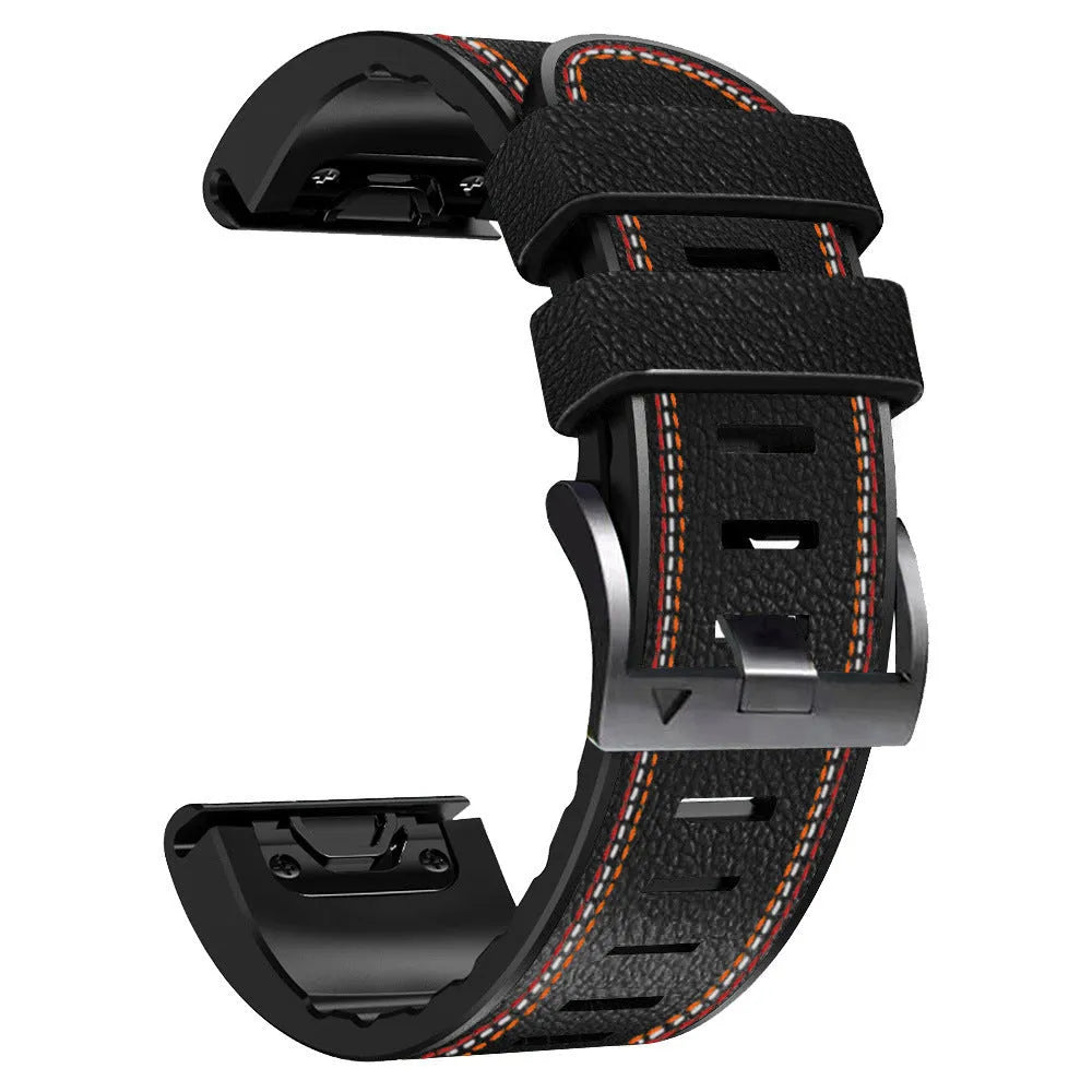 Silicone leather quick release watch strap for Garmin Fenix smartwatch in black, shown next to 22mm and 26mm size options.