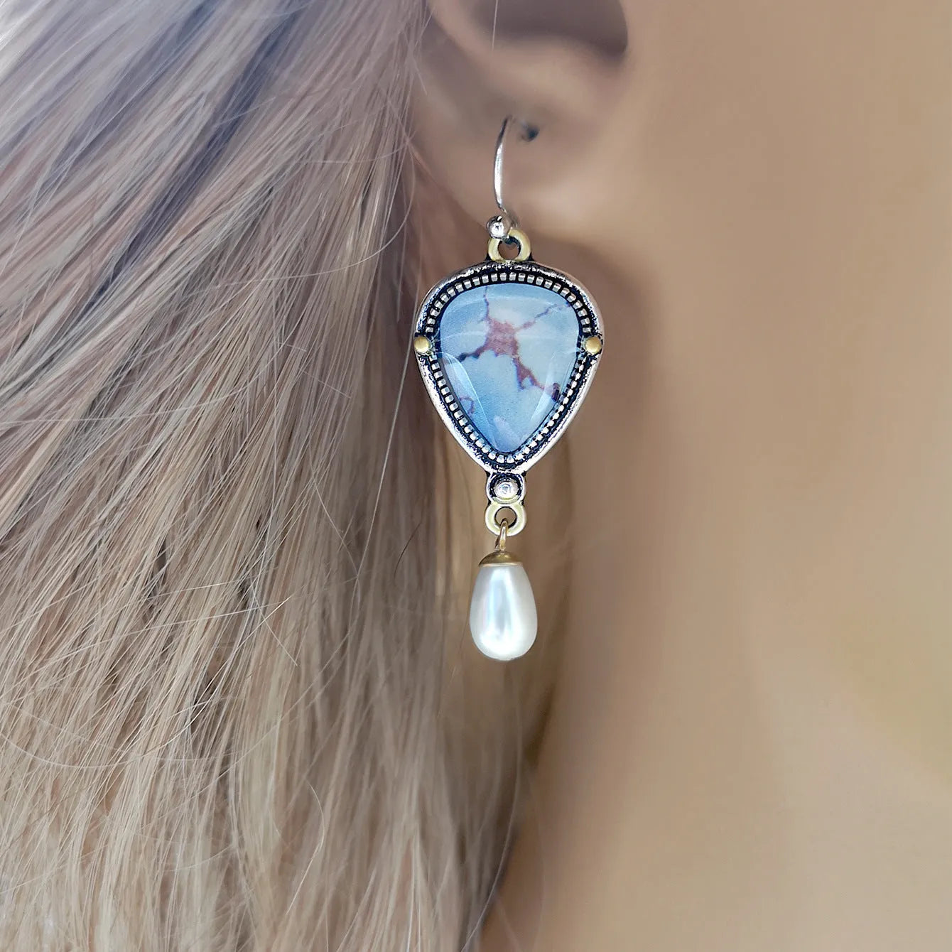Retro blue drop earrings with electroplated metal, synthetic blue opal, and white pearl geometric design