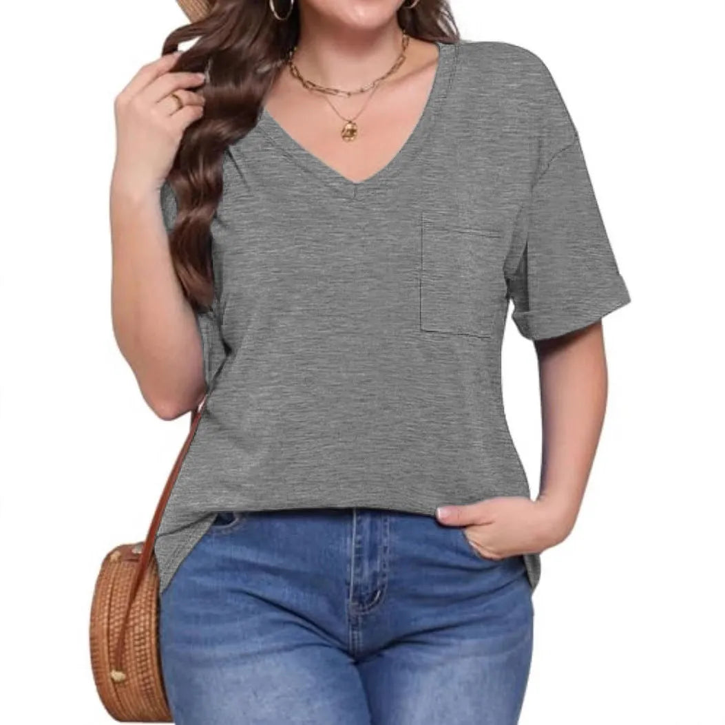 Grey loose fit V-neck T-shirt with chest pocket in casual style