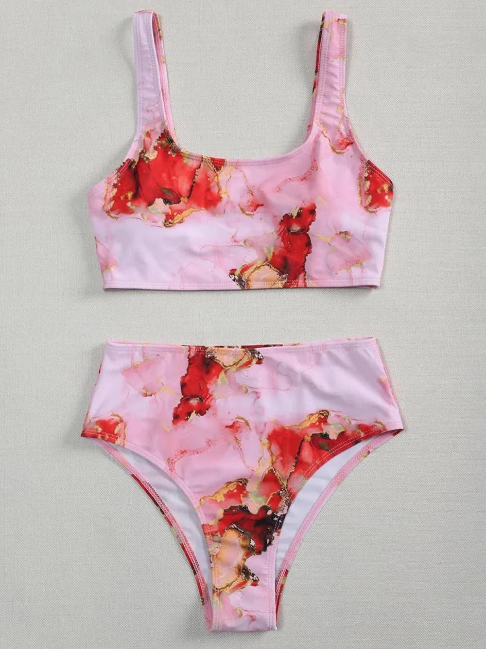 Women's high-waist marble tie-dye print bikini set with U-neck top.