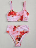 Women's high-waist marble tie-dye print bikini set with U-neck top.