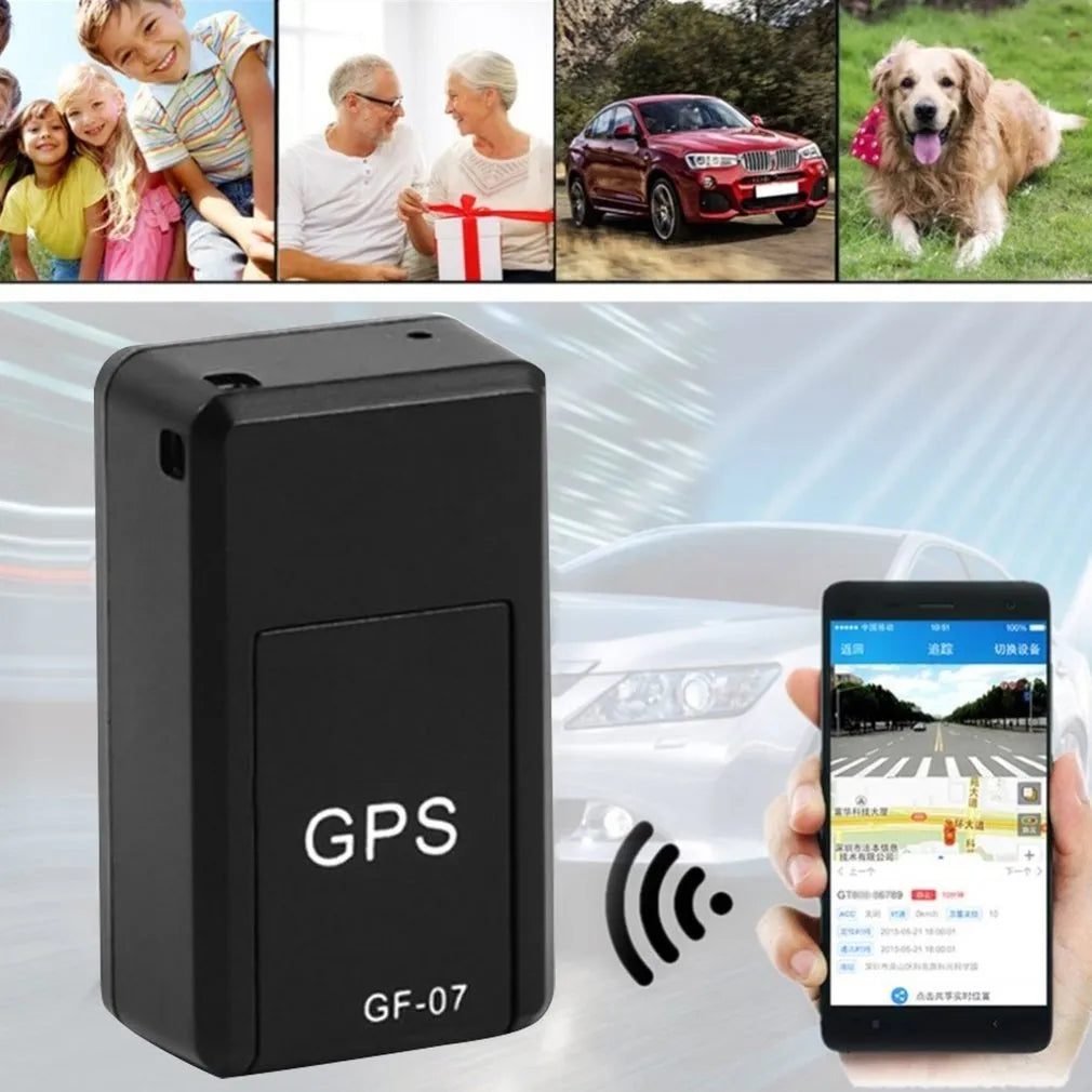 Black plastic magnetic GPS car tracker device measuring 35x20x14mm with USB charging cable