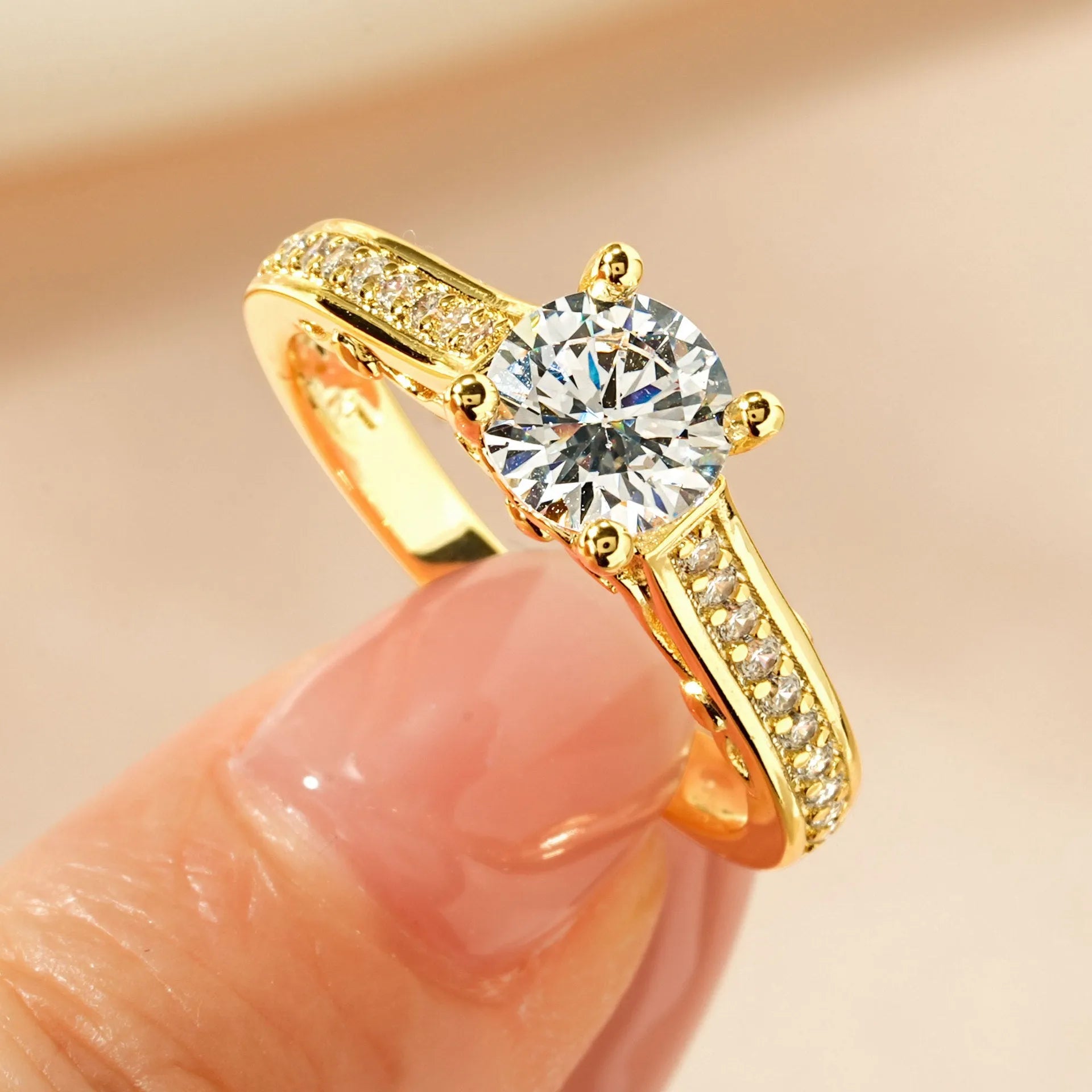 Women's geometric copper zircon ring in white or yellow, showing heart, split-arm, and star style options.