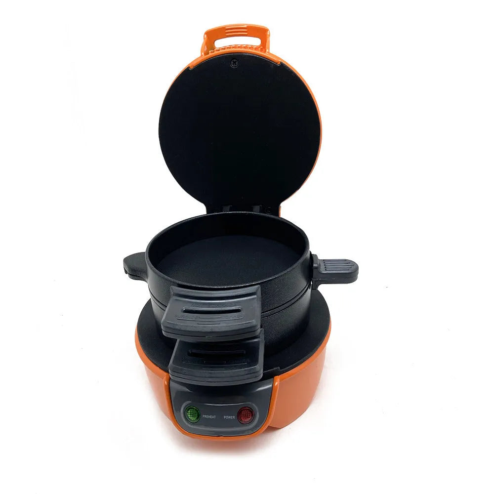 Bright red breakfast sandwich maker with egg cooker ring and two non-stick baking trays