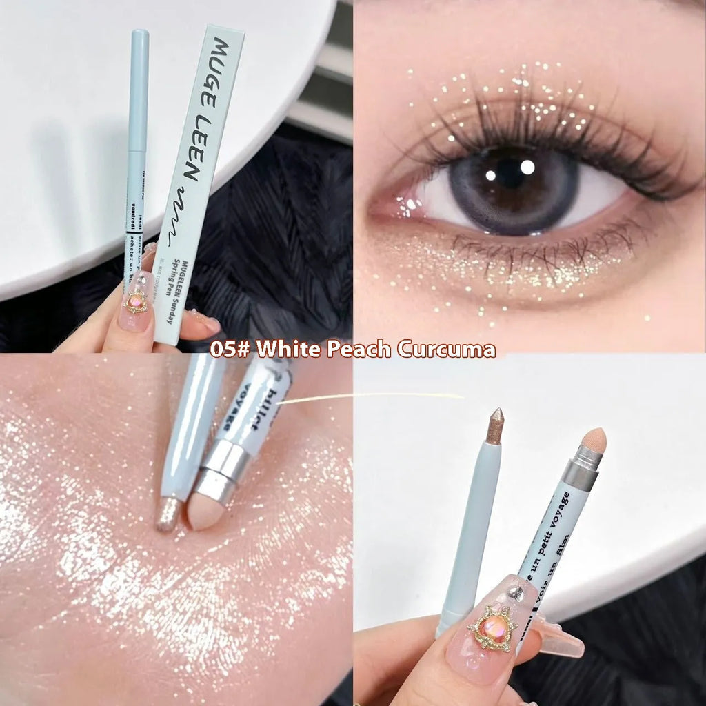 Waterproof 2-in-1 eyeshadow and highlighter pen in assorted colours on a white background.