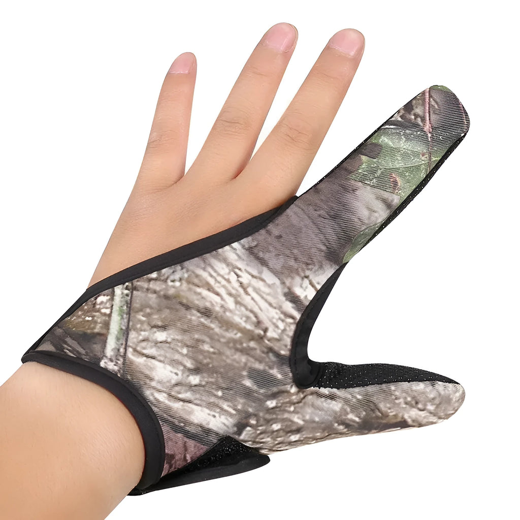 Two-finger fishing tackle glove in black colour, showing diving cloth back and microfiber palm material.