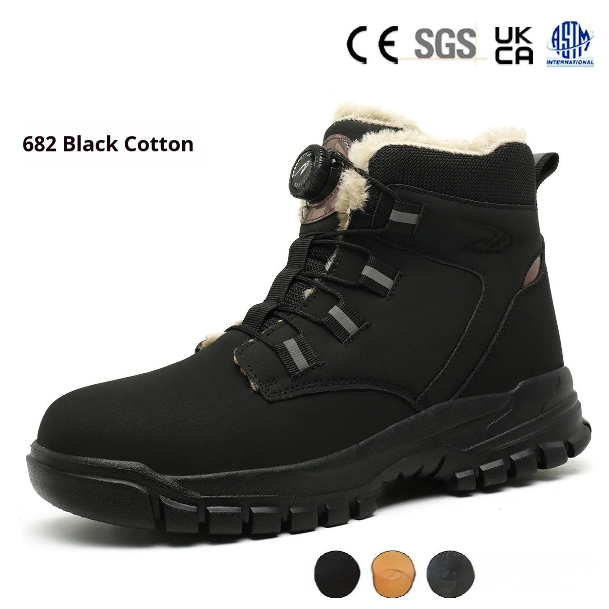Leather safety work boots with rubber soles in black, yellow, and grey colour options.