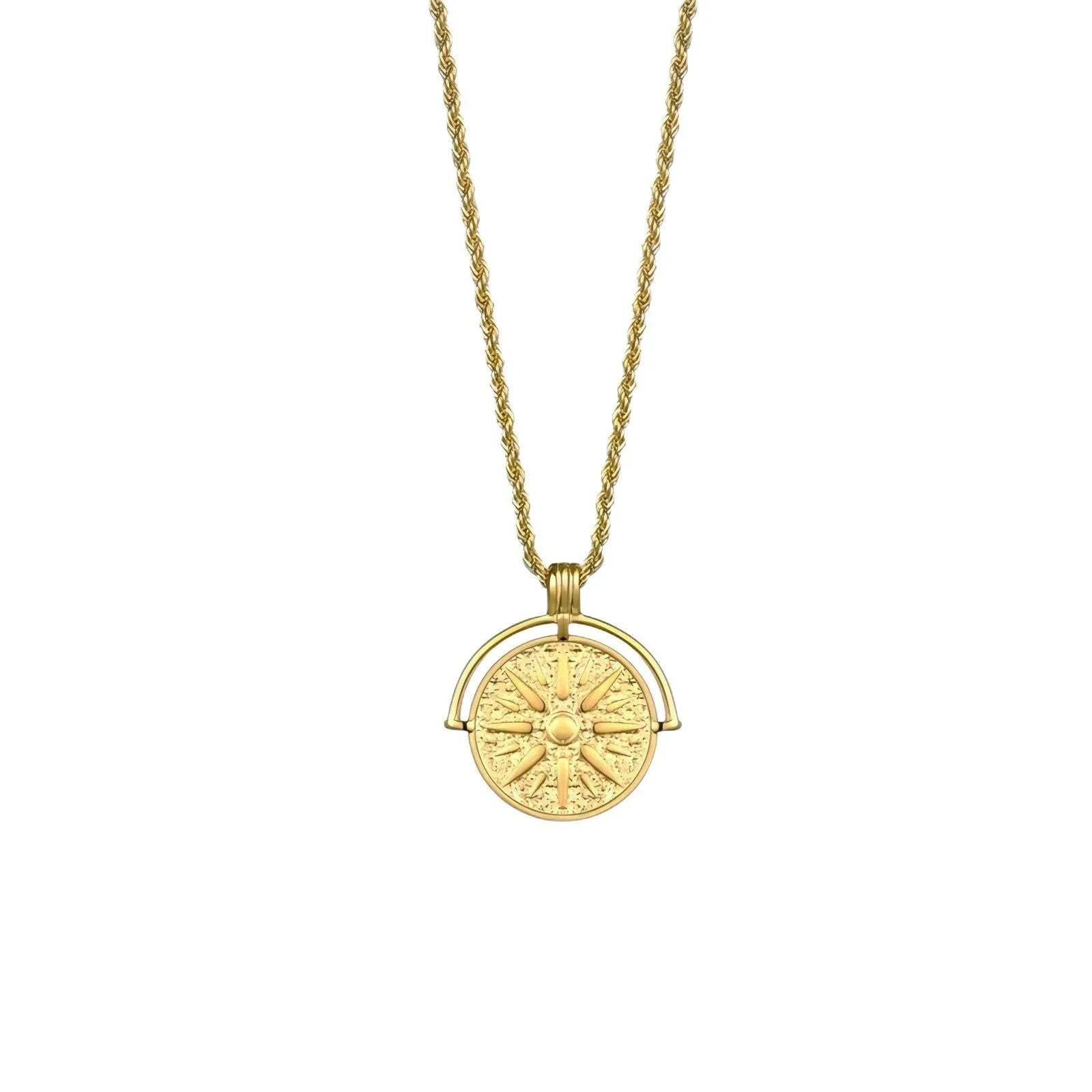 Women's titanium steel sunflower pendant necklace with embossed round design and hemp flower chain