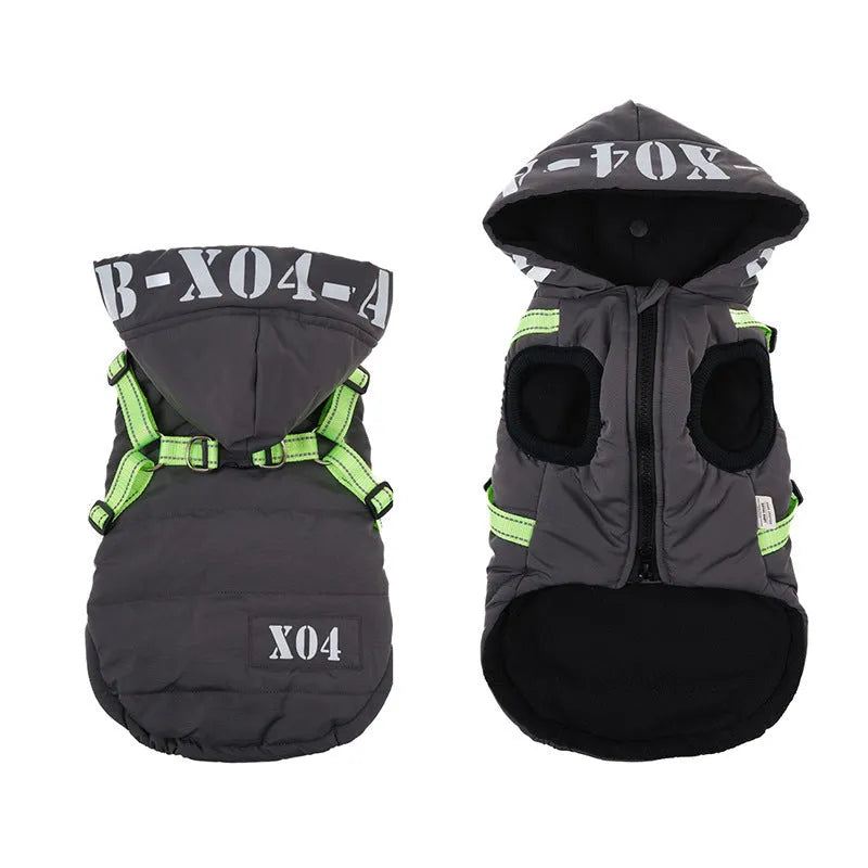 Red fleece-lined waterproof dog coat with hood on a small dog