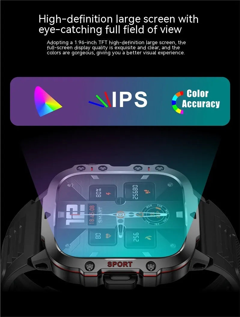 QX11 smart Bluetooth watch in black with TFT screen showing heart rate data on a leather strap.