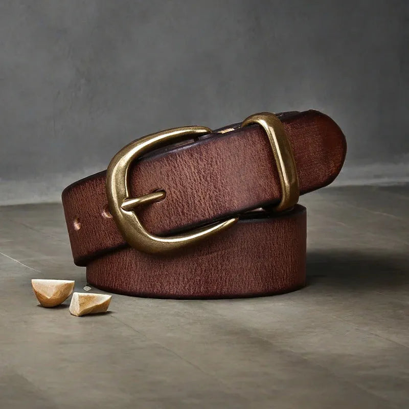 Men's casual cowhide leather belt with copper pin buckle in black, brown, or khaki