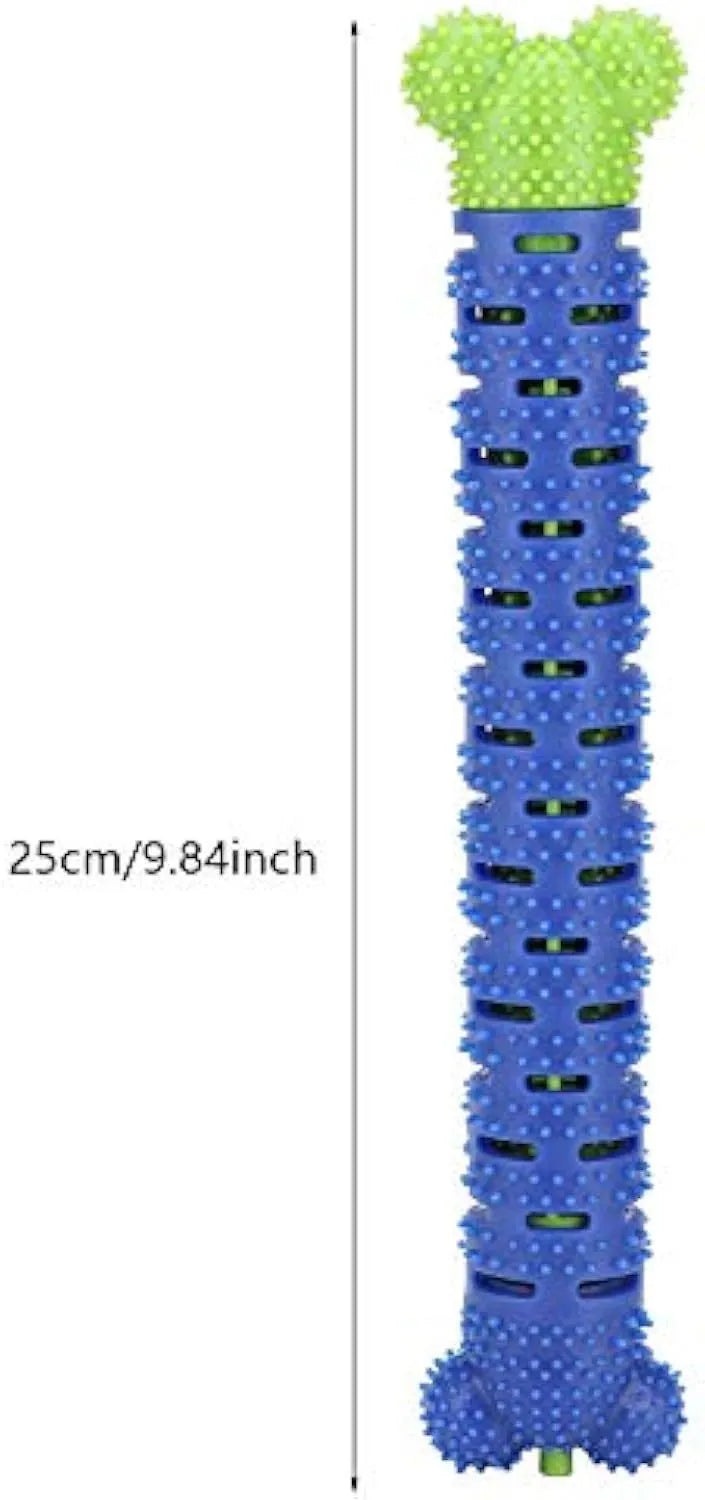 Blue and green silicone dog dental chew stick with textured cleaning surface and nodules for gum massage.