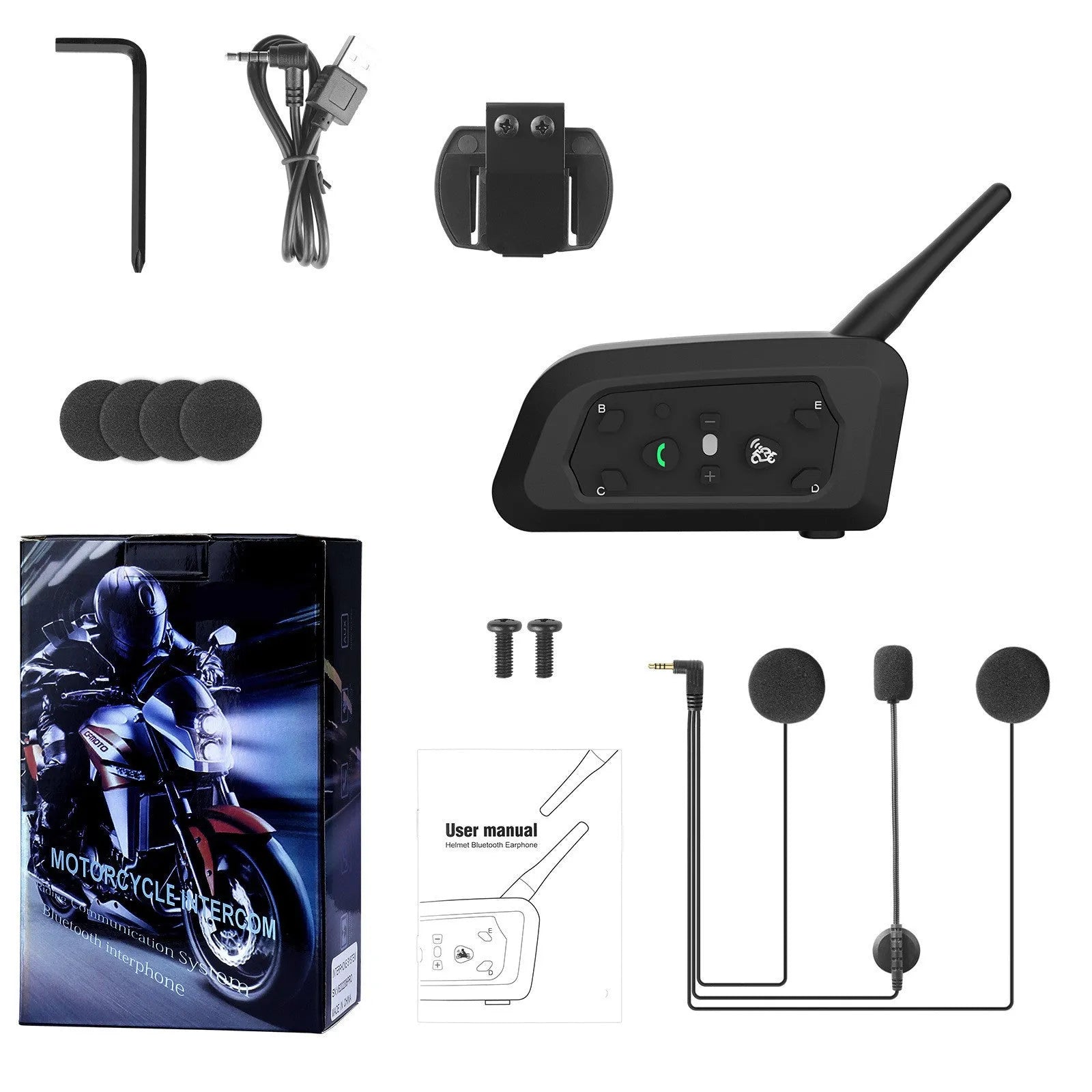 Motorcycle helmet Bluetooth intercom V6 Pro unit with headphones and mounting accessories