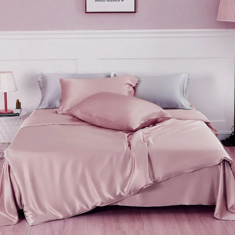 Silk double-sided duvet cover in solid colours Lotus Pink, pea green, bright brown, mysterious purple, white, and silver blue.
