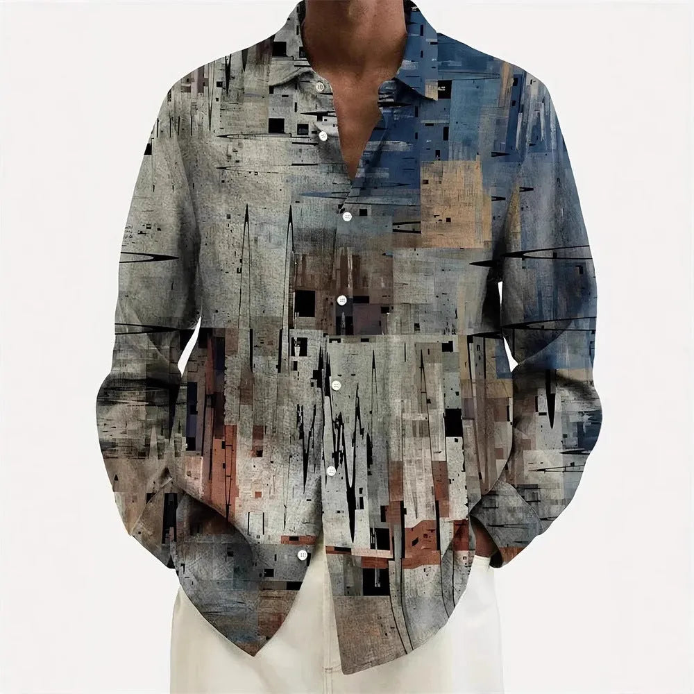 Hawaiian style men's long sleeve shirt with flower pattern and loose cardigan fit in polyester
