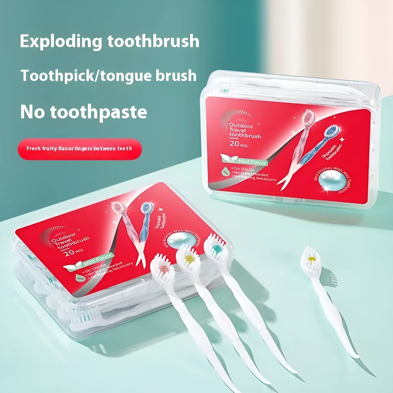 Box of 20 disposable bead travel toothbrushes in mint, peach, plum green tea and mixed flavours.