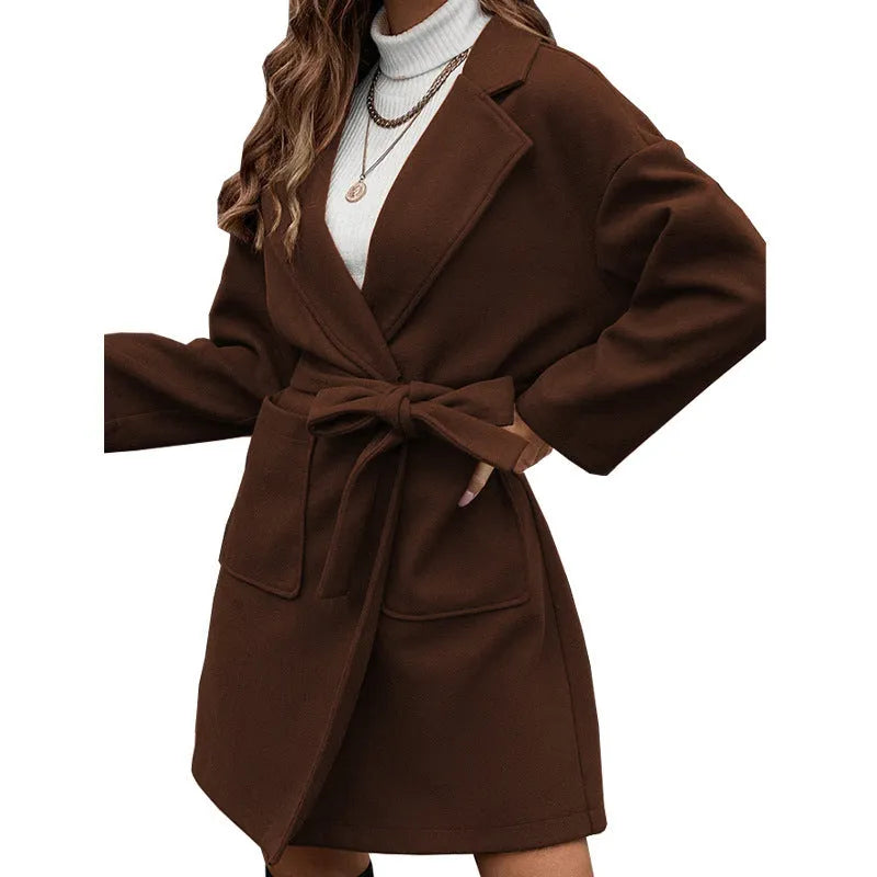 Long sleeve lapel coat with belt closure and split hem in Dragon and Phoenix polyester fabric