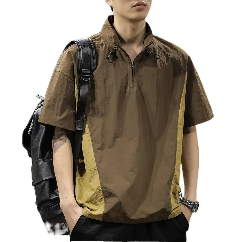 Men's brown Ice Silk business shirt with half-zip stand collar and short sleeves