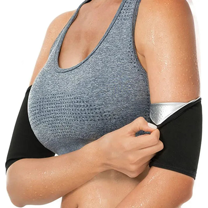 Blue and silver sports arm sweatband shown on an arm, with packaging showing black and red colour option.